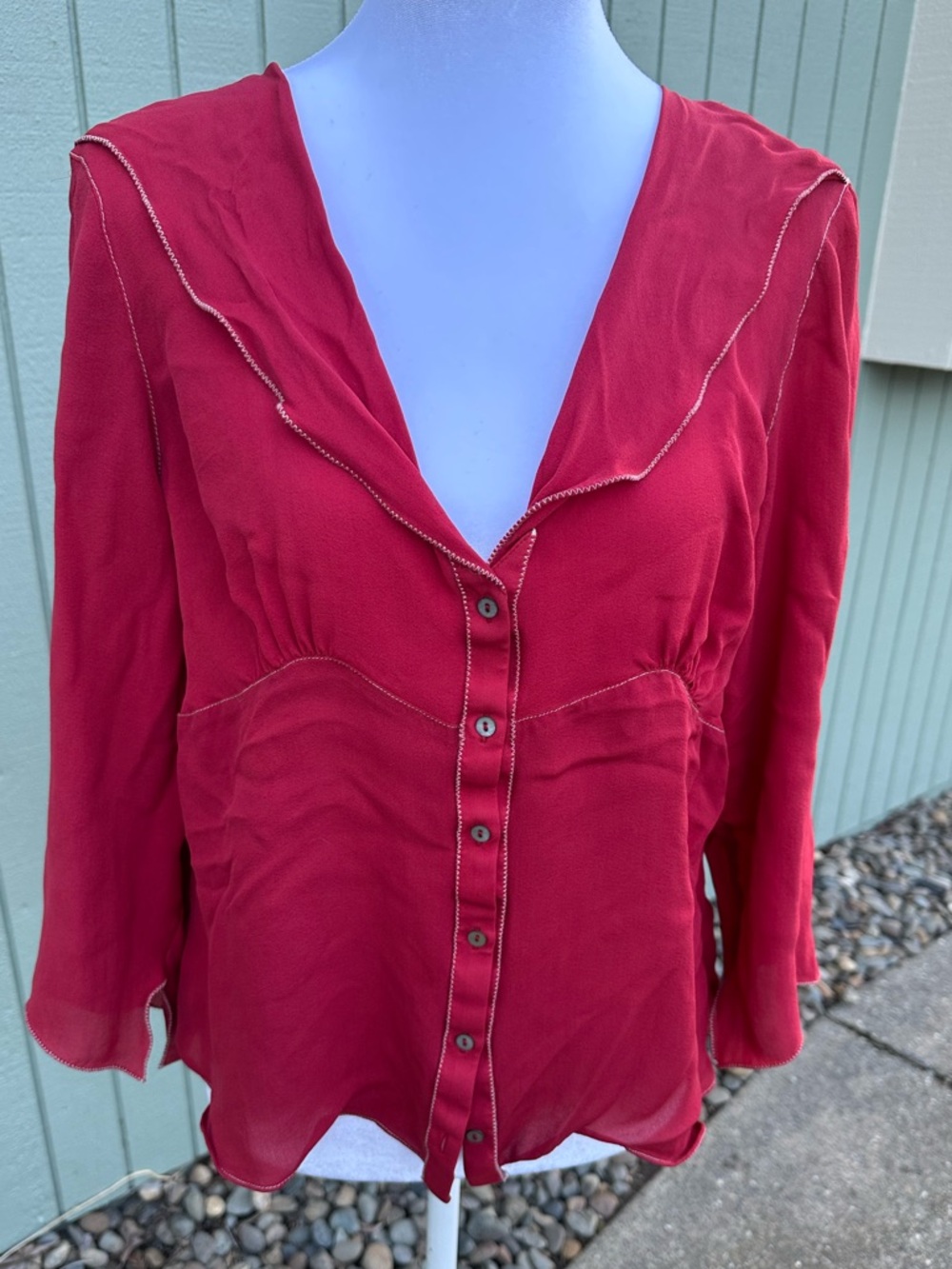 Studio M Red Button-Front Silk  Blouse